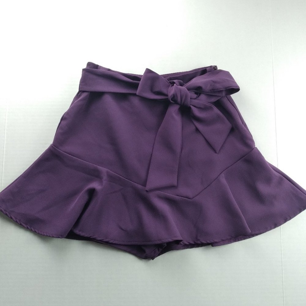 ZARA Womens Mini Skort Purple Fit and Flare Ruffle Sash Tie Skirt over Shorts